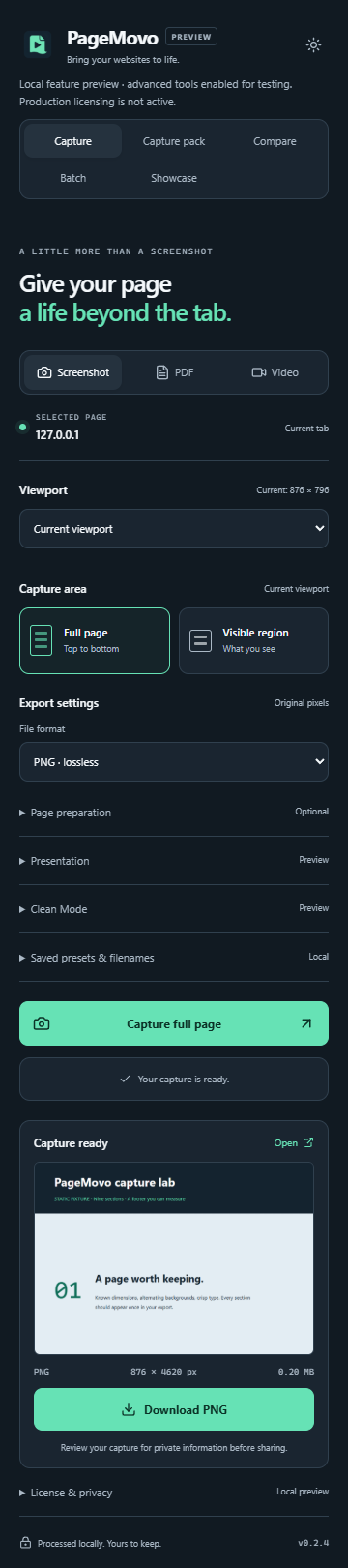 Actual PageMovo Feature Preview interface with responsive, capture and preview controls